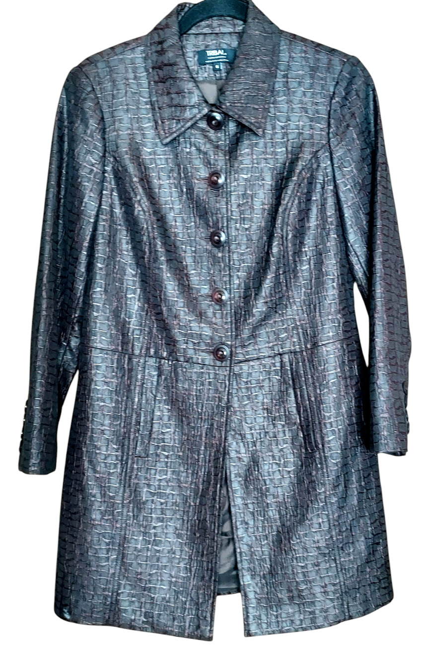 Tribal Women's Croc Print Mid-Length Button Lined Chocolate Brown Jacket Sz 6